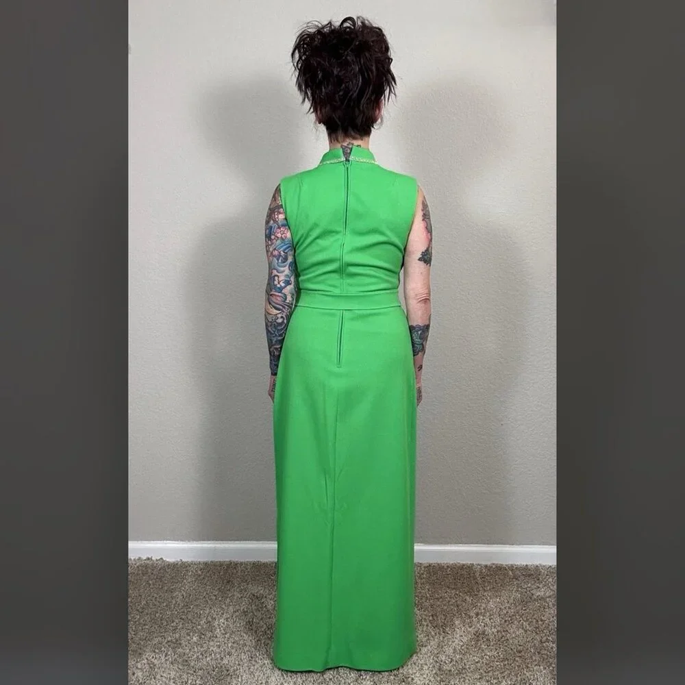 60s Bright Green Maxi Sheath Column Dress Rhinestone MCM Mod Rockabilly Pinup M - Picture 12 of 15